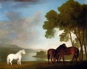 Stubbs George Two Bay Mares And A Grey Pony In A Landscape - 乔治·斯塔布斯